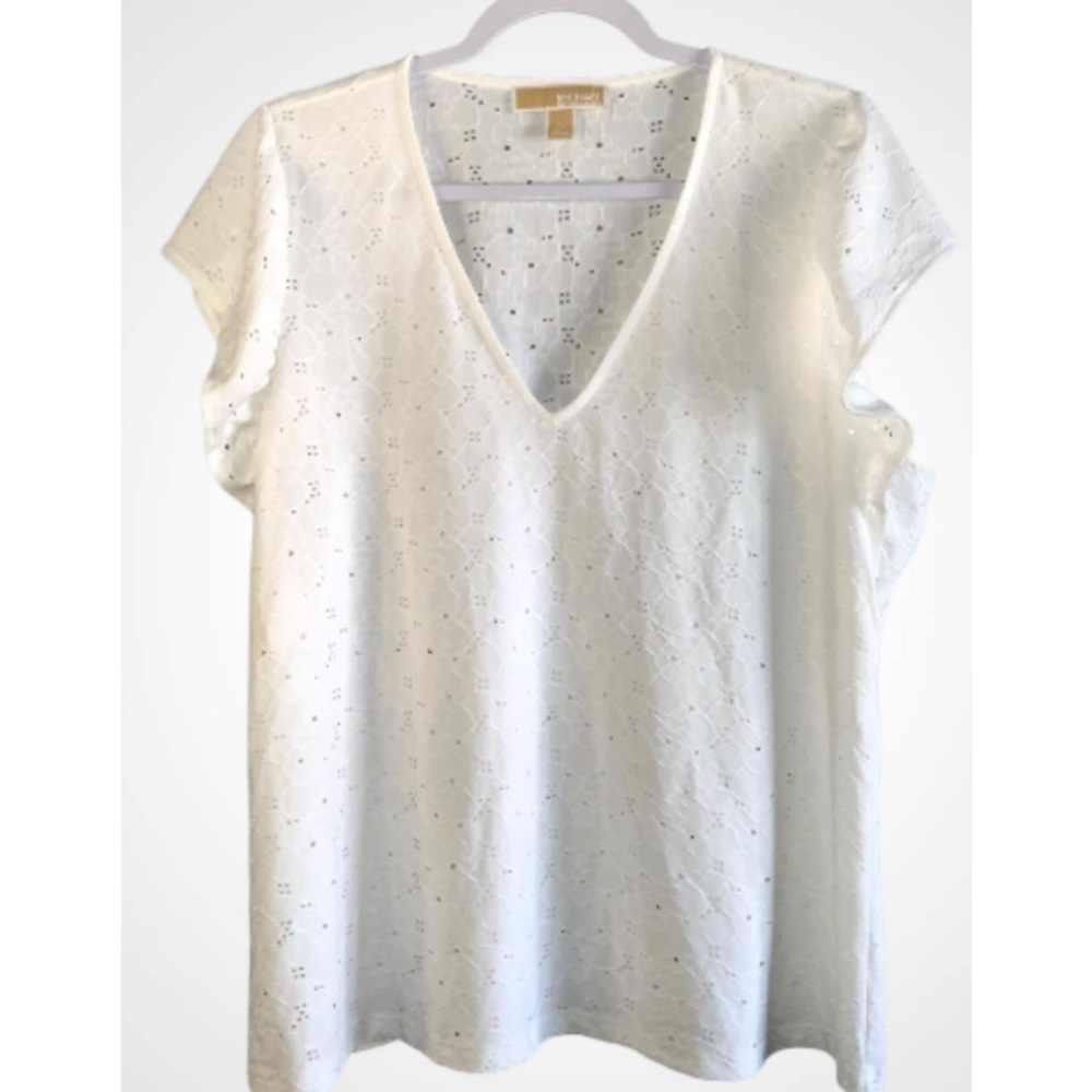 MICHAEL Michael Kors White Eyelet Short Ruffle Sleeve V-Neck Pullover Top XL
